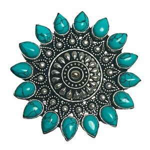 Signed SS Silver Tone Sunburst Statement Ring Adj Composite Turquoise Southwest